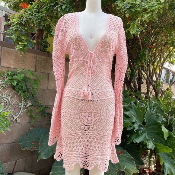 Dresses & Skirts - CROCHET DRESS PINK BOHO FESTIVAL COVER UP SWIM